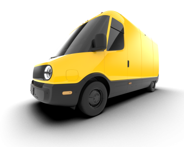 Beyaz arka plana park edilmiş sarı teslimat kamyonu.