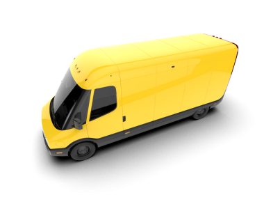 Beyaz arka plana park edilmiş sarı teslimat kamyonu.