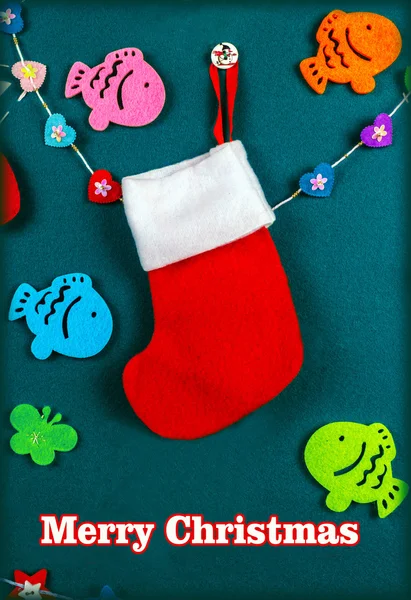 Card " Merry Christmas " . handmade Christmas stocking — Stock Photo, Image