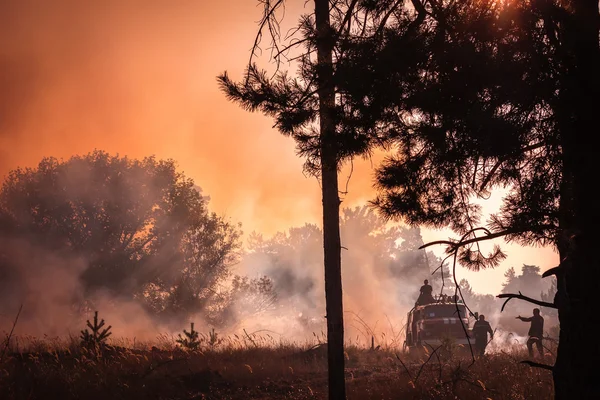 Pompiers au coucher du soleil, éteindre les feux de forêt — Photo