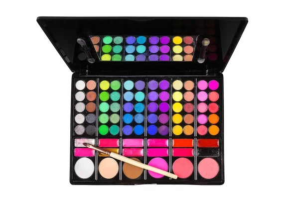 Palette aus bunten Lidschatten und Make-up-Pinsel — Stockfoto