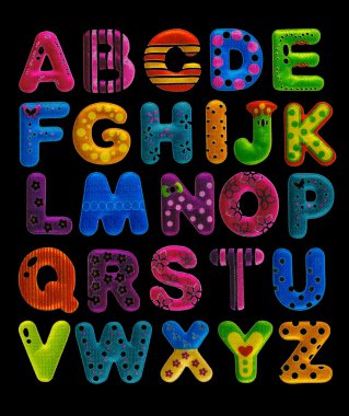  İngilizce alfabe siyah arka plan üzerine izole