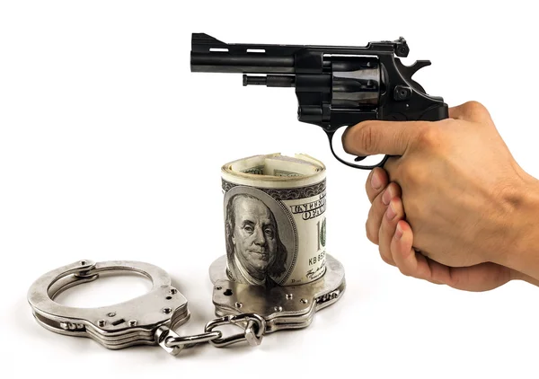 Gun handcuffs and dollars. the concept of crime, corruption, ju — Stock Photo, Image