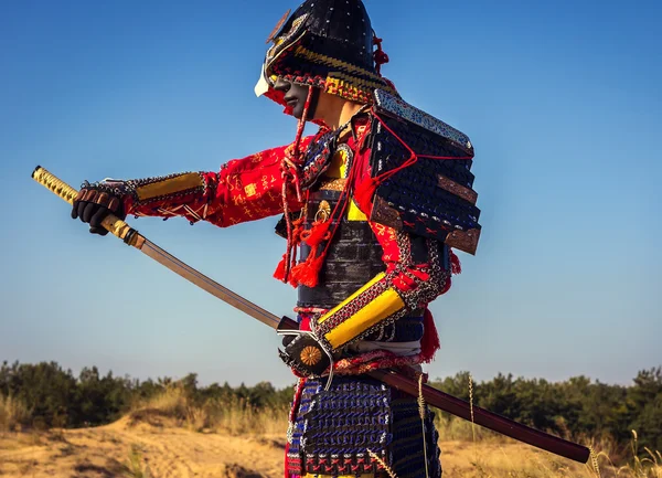 Samurai em um campo na armadura antiga puxa o ataque de espada — Fotografia de Stock