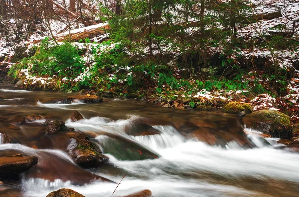 Rio de montanha na floresta de inverno — Fotografia de Stock