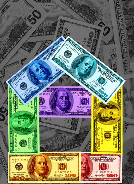 House of one hundred dollar bills in a rainbow of colors . conce