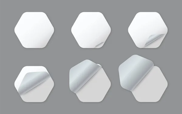Blanco Witte Zeshoekige Papieren Stickers Met Gekrulde Hoek — Stockvector