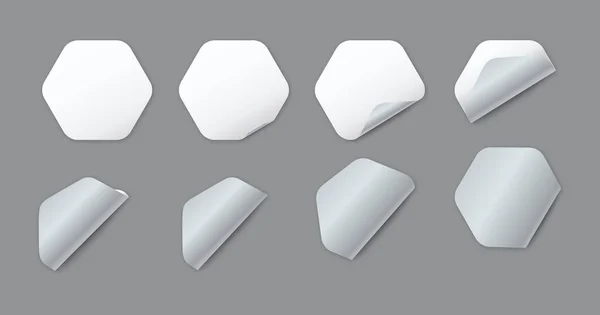 Pegatinas Papel Hexagonal Blanco Blanco Con Esquina Rizada — Archivo Imágenes Vectoriales