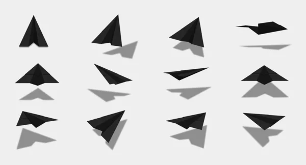 Sammlung Schwarzer Papierflieger Mit Unterschiedlichen Ansichten Und Blickwinkeln — Stockvektor