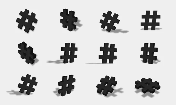 Farklı görünüm ve açılara sahip siyah 3d hashtag simgesi çizimi