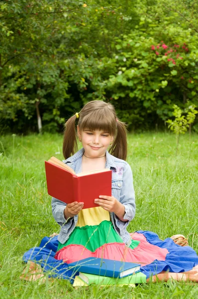 Petite fille lisant des livres sur la pelouse — Photo