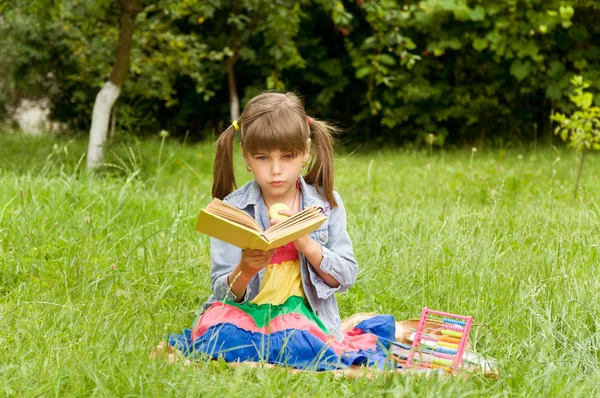 Pequeño alumno leyendo libros — Foto de Stock