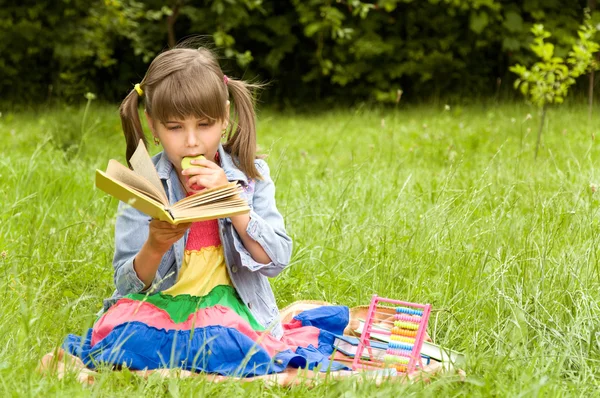 Pequeño alumno leyendo libros — Foto de Stock