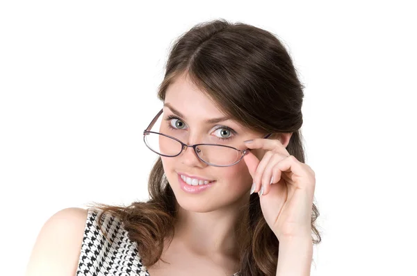 Business woman with glasses looks questioningly — Stock Photo, Image