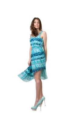 mavi elbiseli bir genç zarif kadın