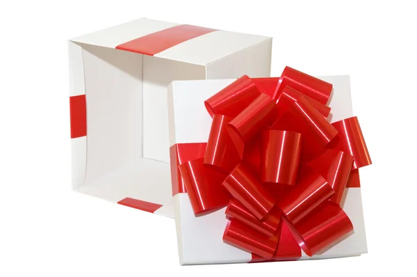 Gift box white with a red ribbon — Stock Photo, Image