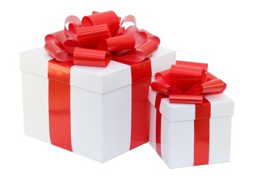 white gift box with a red ribbon with business card