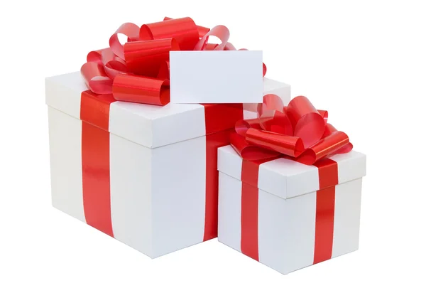 white gift box with a red ribbon with business card
