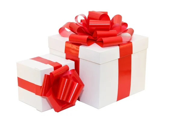 Gift box white with a red ribbon — ストック写真