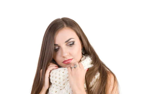 Young beautiful girl in a white scarf — Stock Photo, Image