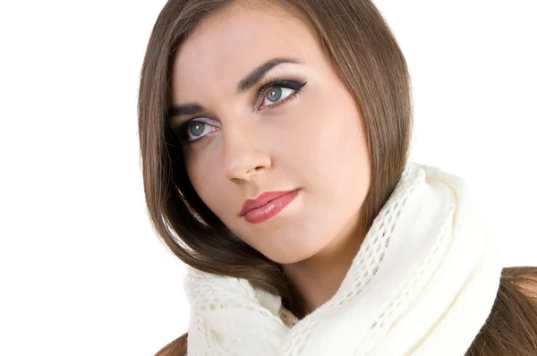 Young beautiful girl in a white scarf — Stock Photo, Image