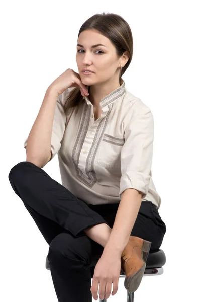 Business woman dressed in black trousers and brown shoes — Stock Photo, Image