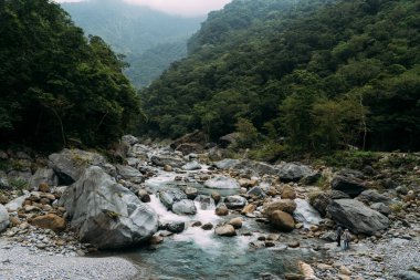 Stony river bed with white water in Taroko National Park, in Hualien Taiwan.