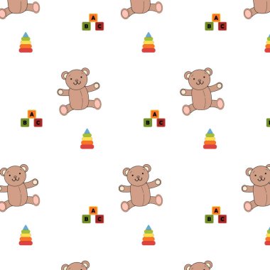 Soyut şablon. Arka plan duvar kâğıdı. Çocuk odası için dokuma kağıdı. Vektör. İllüzyon. Pankart. Fabrika tekstili. Ayılar, oyuncaklar, çocuk giysileri ve çarşafları için kumaş .