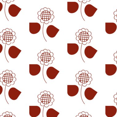   Floral pattern. Retro style. 70s Red on white. Sunflowers.