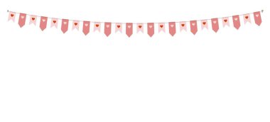 Sevgililer Günü. Kalpli bayrakların şenlikli çelengi. Düğün ve Sevgililer Günü konsepti. Basit el çizimi illüstrasyon.