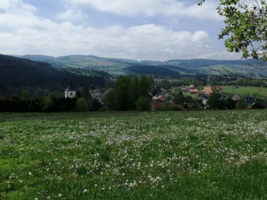 İlkbaharda Çek köyü ve çiçekli çayır