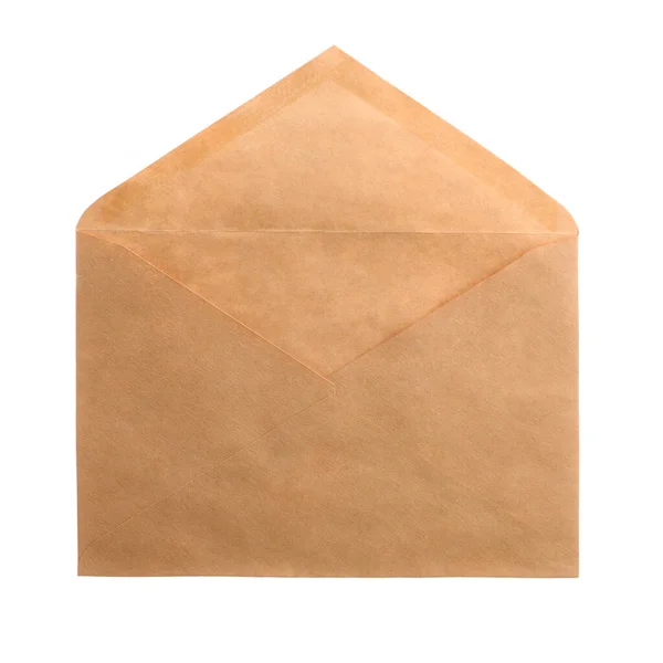 Open Enveloppe Van Ambachtelijk Papier Een Witte Geïsoleerde Achtergrond — Stockfoto