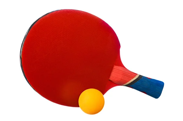 Одна Ракетка Настольного Тенниса Желтым Мячом Лежащим Рядом Белом Изолированном — стоковое фото
