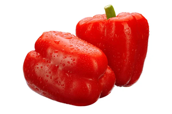 Dvě Čerstvé Červené Papriky Vodou Kapky Bílém Izolovaném Pozadí — Stock fotografie