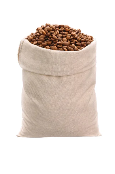 Φρεσκοψημένοι Κόκκοι Καφέ Σακούλα Από Φυσικό Ύφασμα Λευκό Απομονωμένο Φόντο — Φωτογραφία Αρχείου