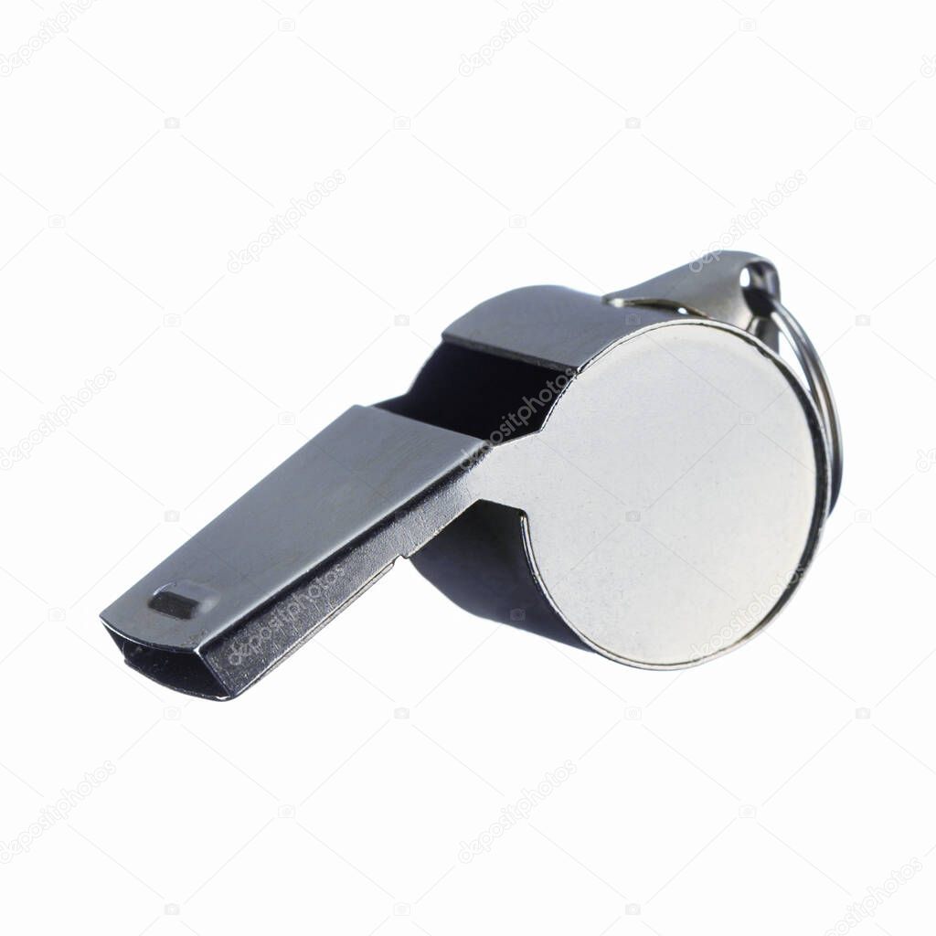 new pure metal whistle on white isolated background, photographed very close