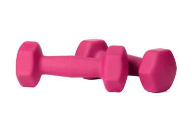 Beyaz izole bir arka planda spor için bir çift pembe dambıl.