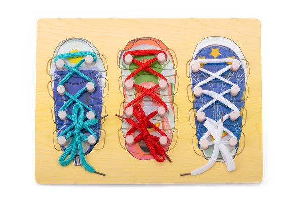 Bright Educational Toy Form Sneakers Laces Made Natural Wood Children — 스톡 사진