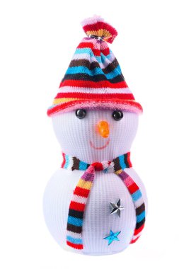 one New Year's white snowman in a scarf and cap on a white isolated background.