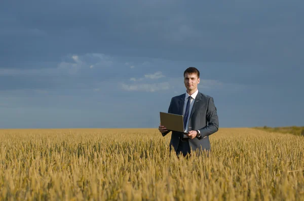 Agricultor feliz. empresários em um campo de trigo — Fotografia de Stock