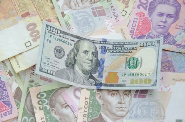 Yüz dolarlık banknot Ukraynalı hryvnia arka plan üzerinde.