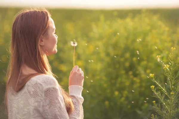 Jovem mulher de moda primavera soprando dente-de-leão no jardim da primavera. Na Primavera. Menina na moda ao pôr do sol no fundo paisagem primavera . — Fotografia de Stock