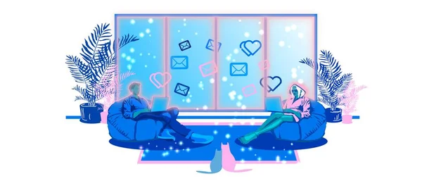 Communication at a distance. International dating. Working at home, coworking space, online education concept illustration. Man and woman working at home on laptops. Man and woman at home in quarantine.