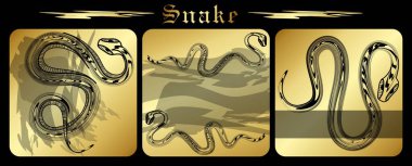 Altın soyut arka planda siyah yılanlar. Yılanlı çizimler. Vektör.