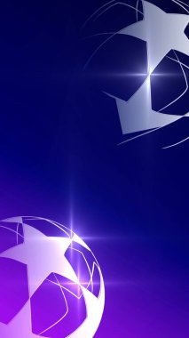 Şampiyonlar Ligi 2021. Mavi arka planda futbol topu. Futbol teması üzerine pankart.