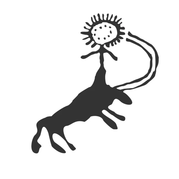 男は雄牛に乗る 石の上に原始人の図面 エスニック風のイラスト — ストックベクタ