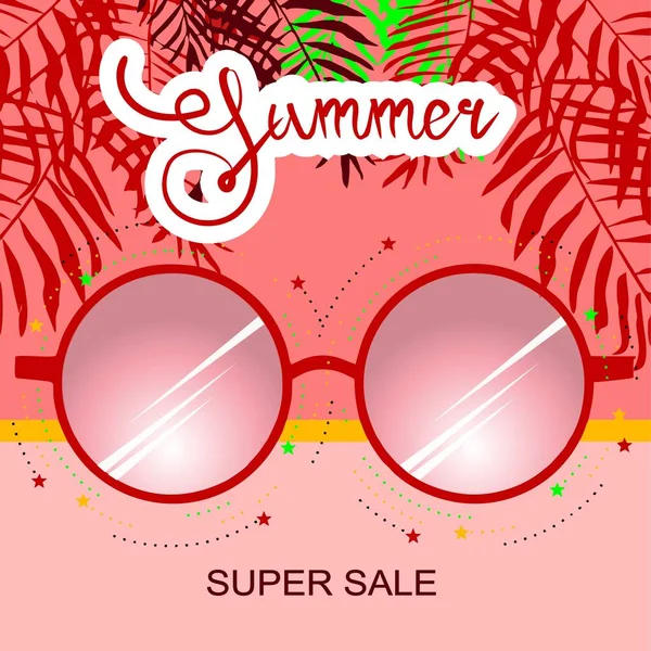 Okulary Przeciwsłoneczne Różowymi Soczewkami Liśćmi Palmowymi Baner Tekstem Summer Super — Zdjęcie stockowe