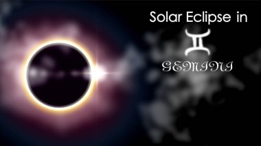 Gemini 'de güneş tutulması. Güneş tutulması var. Astroloji temalı çizimler, mistisizm, ezoterizm, gelecek tahmini. Gezegenler ve uzay nesneleri ile arkaplan.