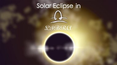 Terazide güneş tutulması. Güneş tutulması var. Astroloji temalı çizimler, mistisizm, ezoterizm, gelecek tahmini. Gezegenler ve uzay nesneleri ile arkaplan.