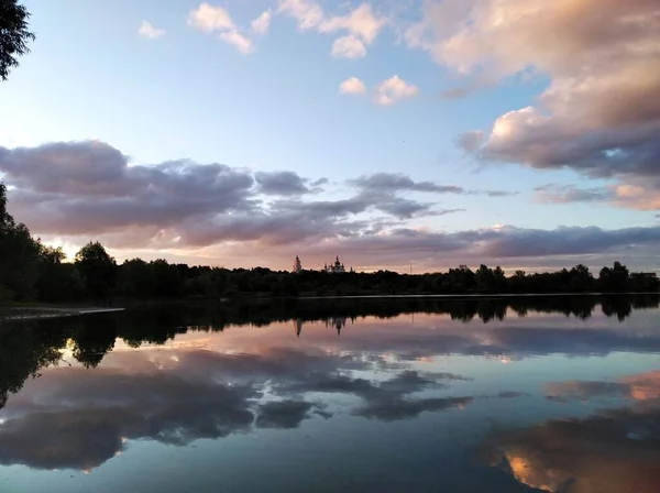 Soirée Été Bord Lac Beau Coucher Soleil Bord Lac Avec — Photo